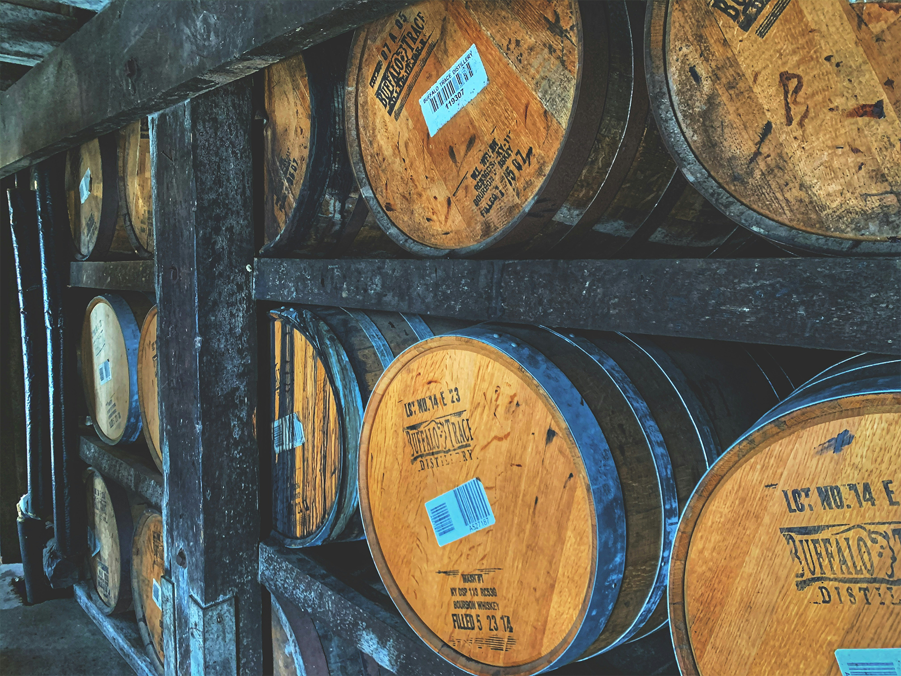 Barrels of Buffalo Trace Bourbon on Shelves