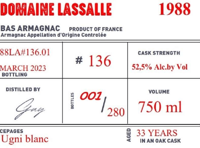 Domaine de Lasalle 33yr L'Encantada 1988 Armagnac Aficionados Group Exclusive Single Cask Selection