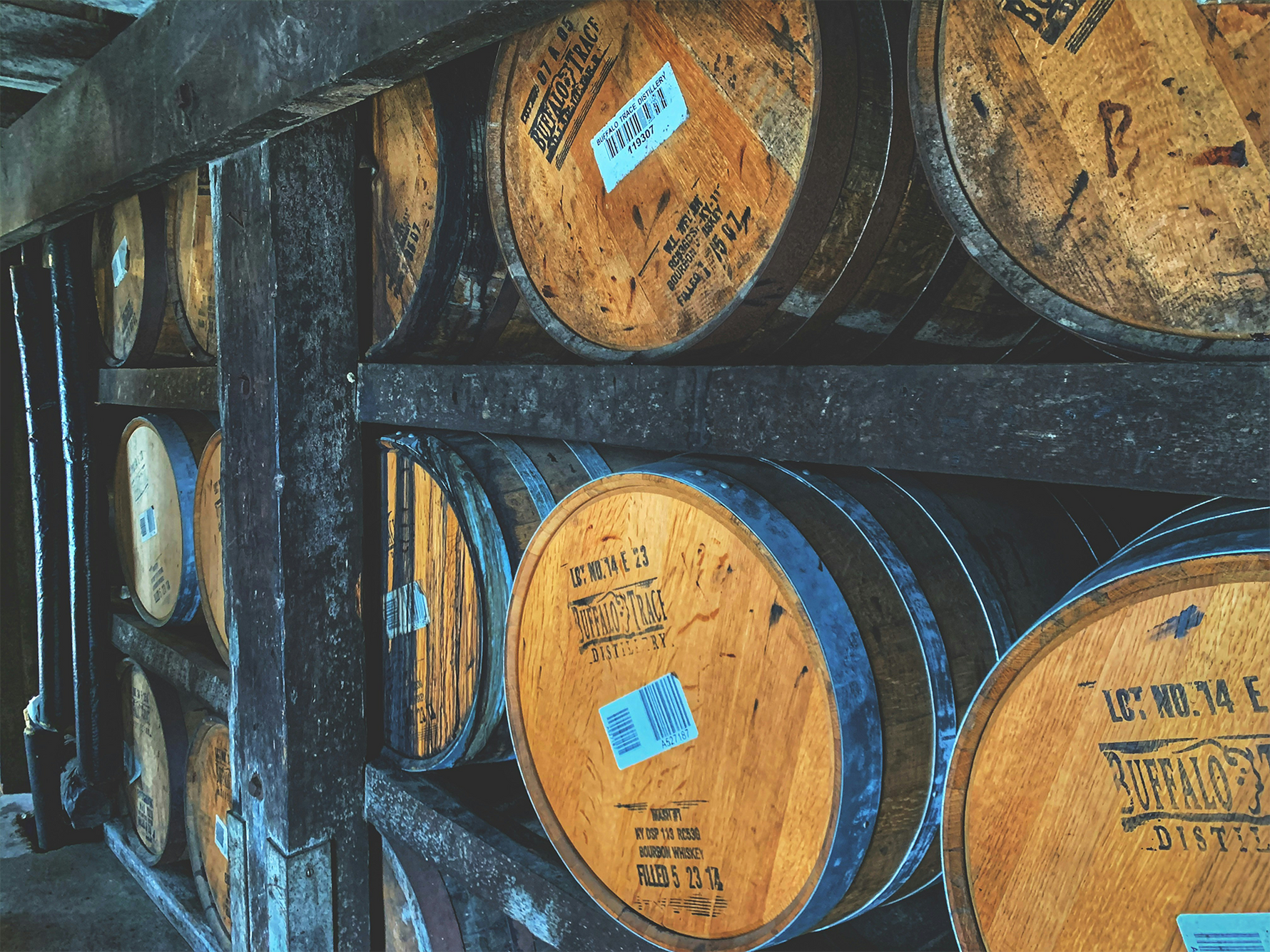 Barrels of Buffalo Trace Bourbon on Shelves