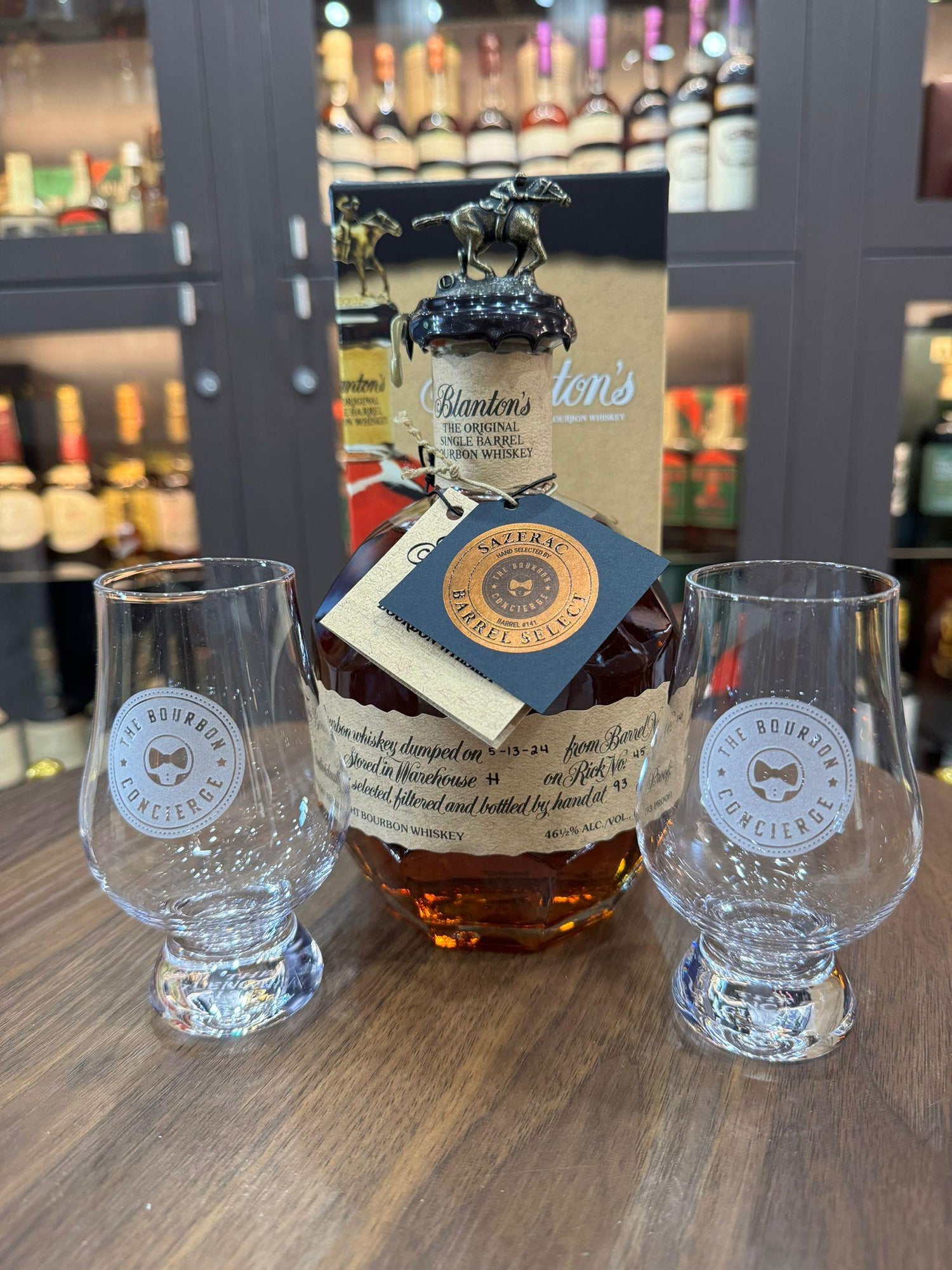 The Bourbon Concierge Blanton's Gift Set - Single Barrel Store Selection Blanton's Bourbon 750ml & 2 Etched Tasting Glasses